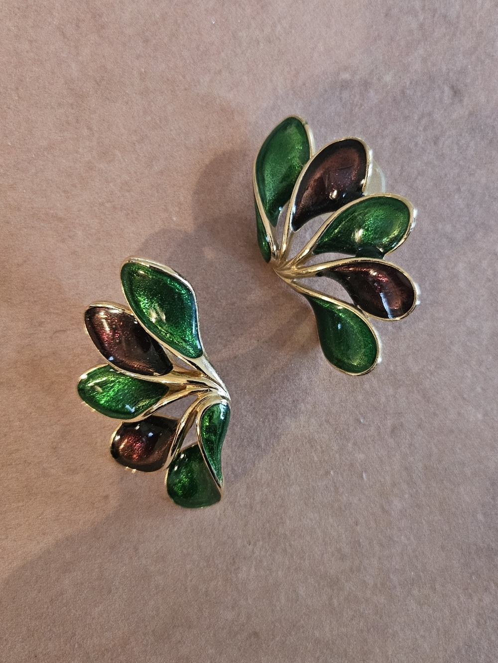 Vintage Gold-Tone Green and Purple Leaf Earrings